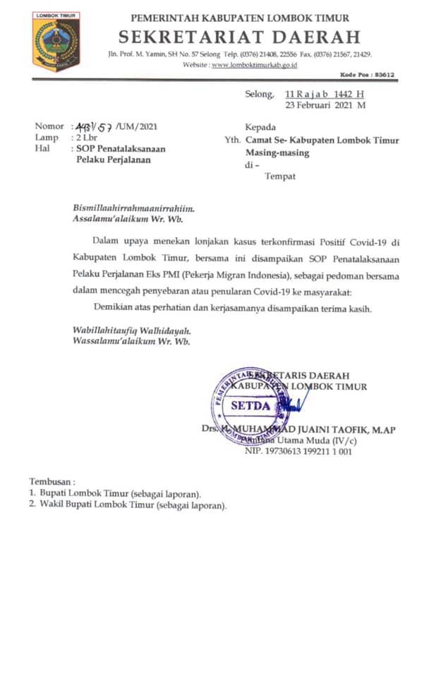 Meneruskan Surat dari Sekretaris Daerah Kabupaten Lombok Timur tentang SOP Penatalaksanaan pelaku perjalanan khususnya kepulangan Pekerja Migran Indonesia